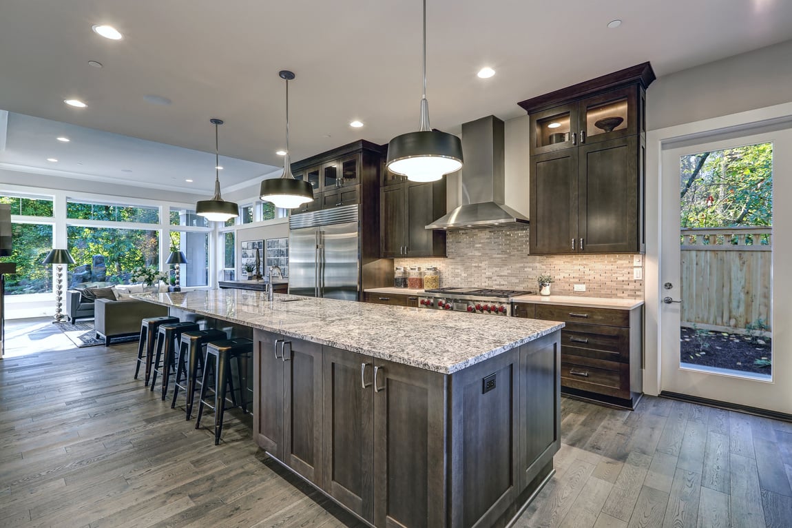 Modern kitchen with brown kitchen cabinets